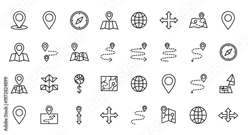 A collection of line icons for global navigation and communication.