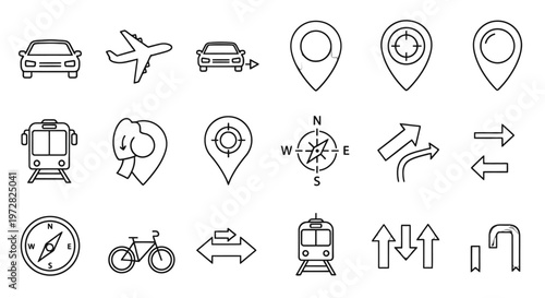 Collection of transportation and navigation icons.