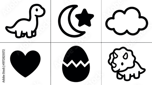 Black and white dinosaur moon star cloud heart cracked egg triceratops icons