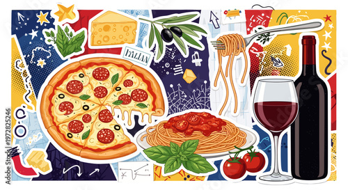 Delicious italian food collage featuring pizza pasta wine and cheese with festive
