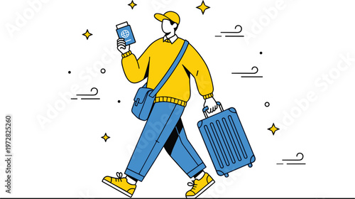 Traveler walking with suitcase and passport illustration modern tourism journey concept vacation travel lifestyle flat vector design