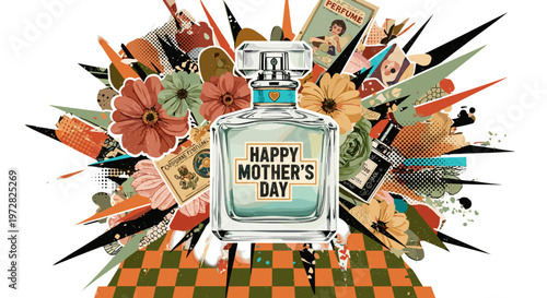 Elegant perfume bottle with happy mother's day message surrounded by colorful