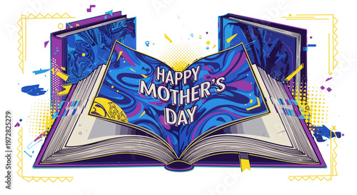 Open book with happy mother's day text emerging from colorful swirling pages