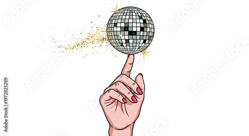 Disco ball balancing on fingertip with golden sparkles exploding outwards vibrant