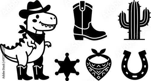 Black silhouette cowboy dinosaur with boots and accessories western icons set