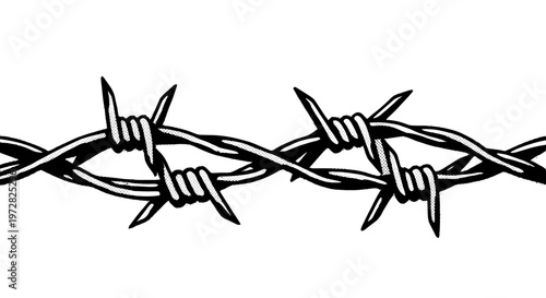 Close up of sharp barbed wire fence section on a clean white background graphic