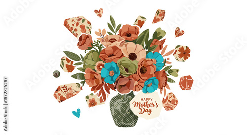 Beautiful floral arrangement with happy mother's day tag and small heart accents