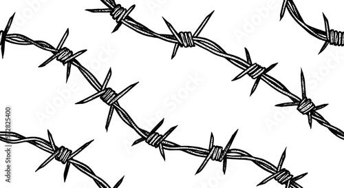 Detailed hand drawn illustration of barbed wire fence pattern on a clean white