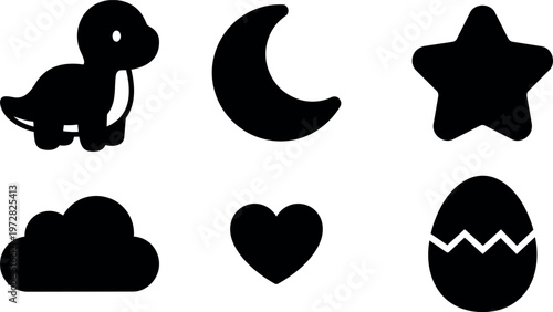 Black silhouette icons of baby dinosaur moon star cloud heart and cracked egg