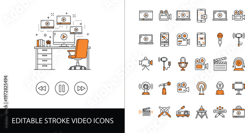 Video production icons set editable stroke media recording editing equipment symbols content creation vector illustration collection