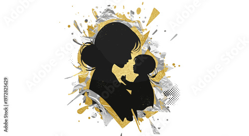 Mother holding baby silhouette abstract golden and silver splashes love and family