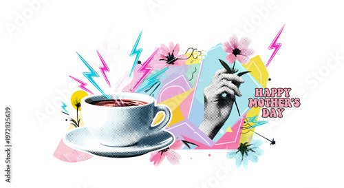 Steaming coffee cup with floral accents and happy mother's day text on abstract