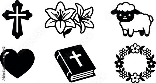 Black and white religious symbols with lamb heart flowers and bible vector art