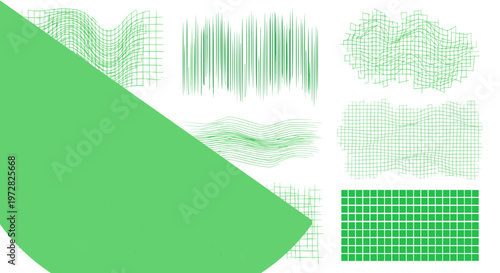 Abstract green digital data visualization patterns composed of dots and lines