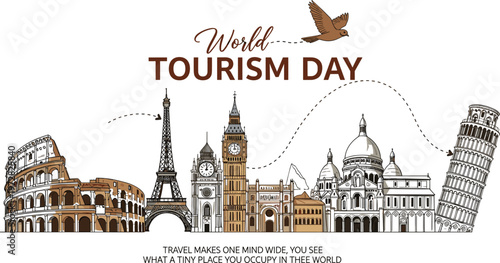 World tourism day illustration famous landmarks skyline travel concept global destinations vector design cultural monuments collection