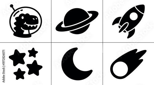 Black silhouette icons of dinosaur astronaut planet rocket stars moon and meteor