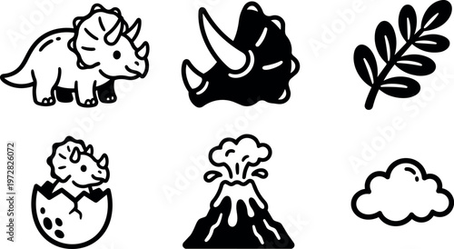 Black and white flat design cute triceratops dinosaur eggshell volcanic eruption and nature icons