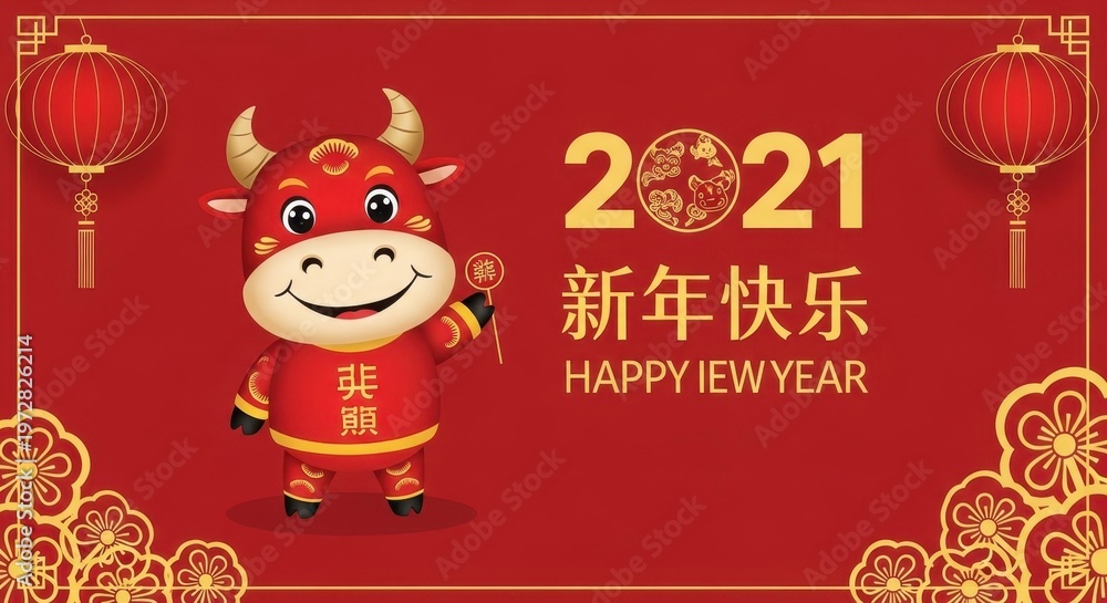 Fototapeta premium Cute Cartoon Ox on Red Banner for Chinese New Year 2021 Celebration.
