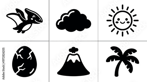 Black and white vector icons of pterodactyl cloud sun egg volcano and palm tree