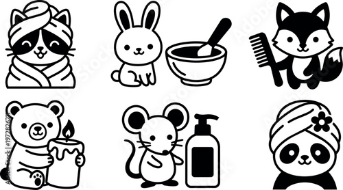 Black and white cute animal characters with spa and self care items vector art