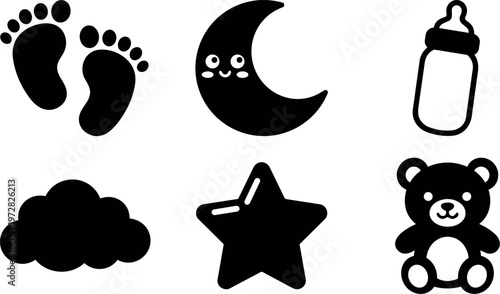 Black silhouette moon star baby bottle footprints cloud teddy bear vector icons