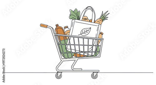 Shopping cart filled with fresh produce.