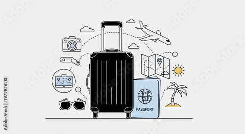 Black suitcase with travel accessories.