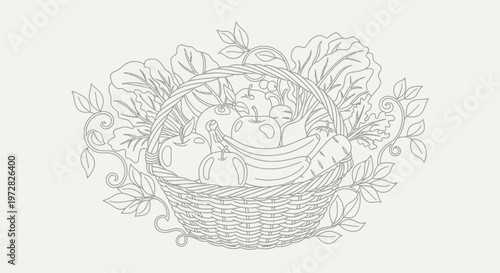 Woven basket with fresh vegetables inside.