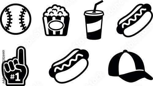 Black and white baseball snack food foam finger and cap icons set