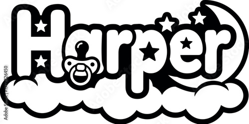 Harper name lettering with pacifier moon stars and clouds black and white vector art