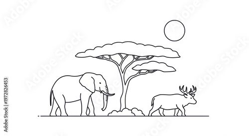 Elephant and deer standing side by side.