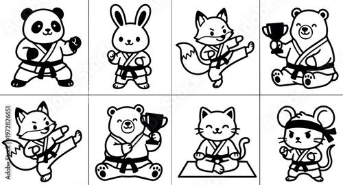 Black and white line art martial arts animals with trophies and poses
