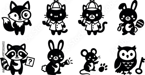 Black and white cartoon detective animals with magnifying glass pipe and keys vector art