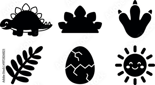Black silhouette stegosaurus dinosaur with cracked egg footprint sun and fern leaf vector art