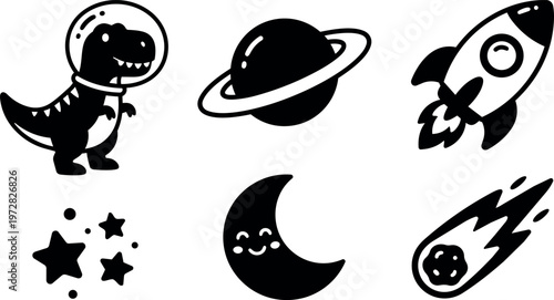 Black and white space dinosaur rocket moon and comet vector art