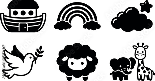 Black and white cute ark dove rainbow sheep elephant giraffe silhouette vector art