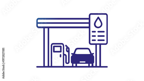 Blue gradient vector icon illustration of a petrol gas station featuring a car refueling at a pump next to a price display sign. Minimalist flat design for automotive travel and transport service.
