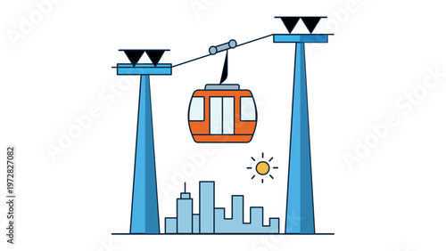 Cable Car Vector Icon Illustration of an Orange Gondola Suspended on a Wire Between Two Towers Over a City Skyline with Sun, Flat Minimalist Design for Urban Transport and Travel Tourism Concepts