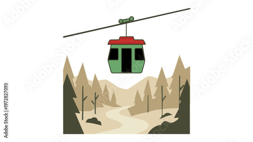Vector icon illustration of a green cable car gondola lift traveling over a scenic pine forest and mountain landscape, minimalist flat design for winter travel and tourism concepts.