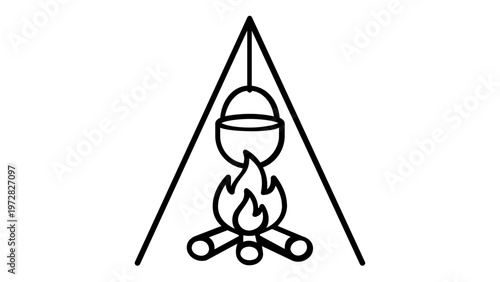 Camping campfire vector icon illustration featuring a cooking pot over a fire inside a triangle. Minimalist line art for outdoor adventure, hiking, wilderness travel, and survival themes.