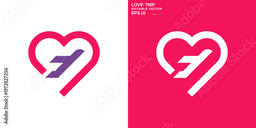 Love trip logo. Romance, heart, airplane, travel. Vector icon symbol design template EPS 10.