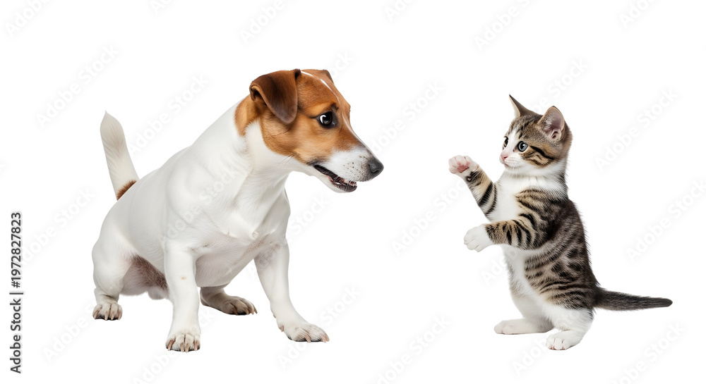 Fototapeta premium Playful Jack Russell Terrier and tabby kitten interaction, curious dog and cat meeting on white background, domestic pets friendship concept