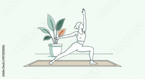Line art of woman doing yoga pose next to a potted plant.