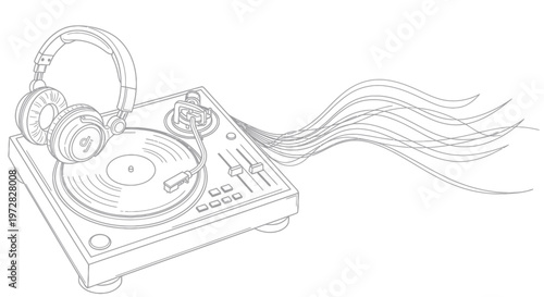 DJ headphones on a turntable with sound waves emanating