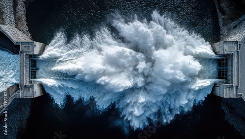 Powerful Water Release from Hydroelectric Dam Spillway Aerial View.