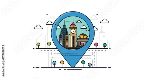 City location pin with urban skyline line art illustration for travel and navigation
