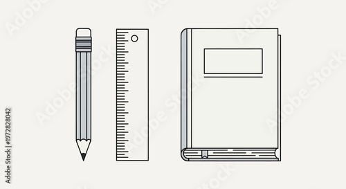 Minimalist line art illustration of a pencil, ruler, and notebook
