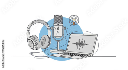 Continuous line art of podcast recording equipment with headphones, microphone, and laptop.