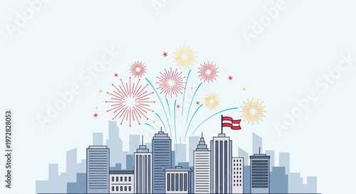 Vibrant fireworks over a city skyline with Austrian flag for national celebration