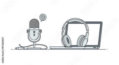 Minimalist line art of a podcast recording setup with microphone, headphones and laptop